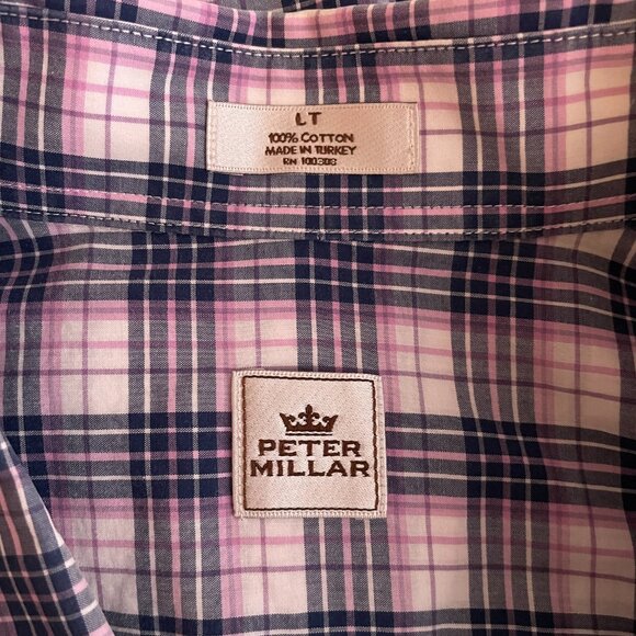 Peter Millar Men L Tall Blue White Pink Plaid Button Front Shirt Long Sleeve - Picture 8 of 8